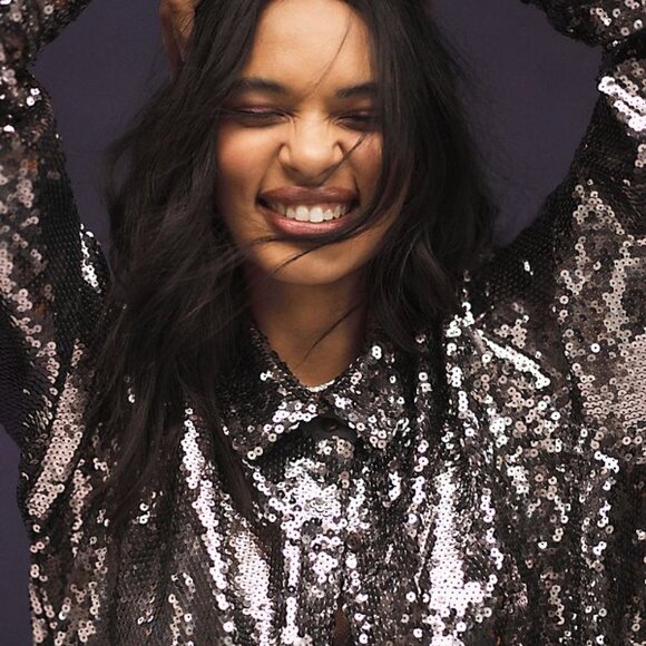 Anthropologie Good American Sequin Party Buttondown Shirt S carbon color nwt - Picture 9 of 11